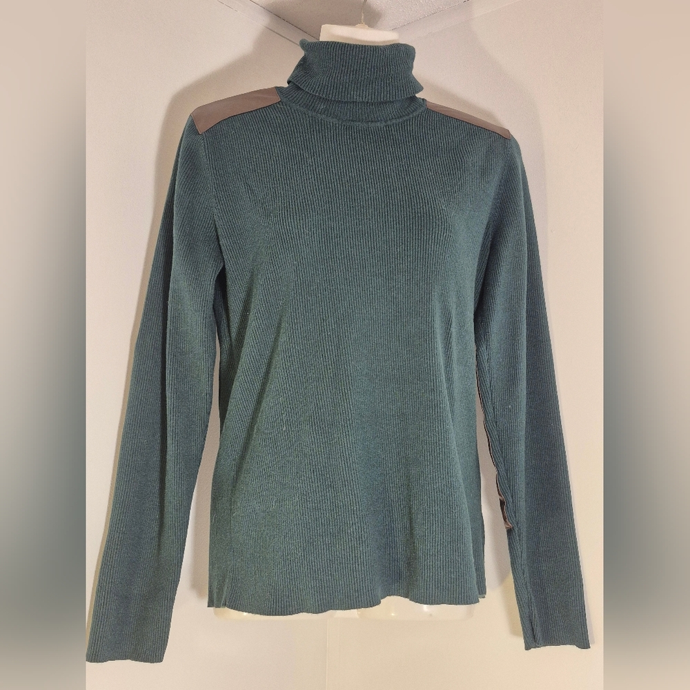 Green Ribbed Turtleneck Sweater with Faux Leather Shoulder & Elbow Patches